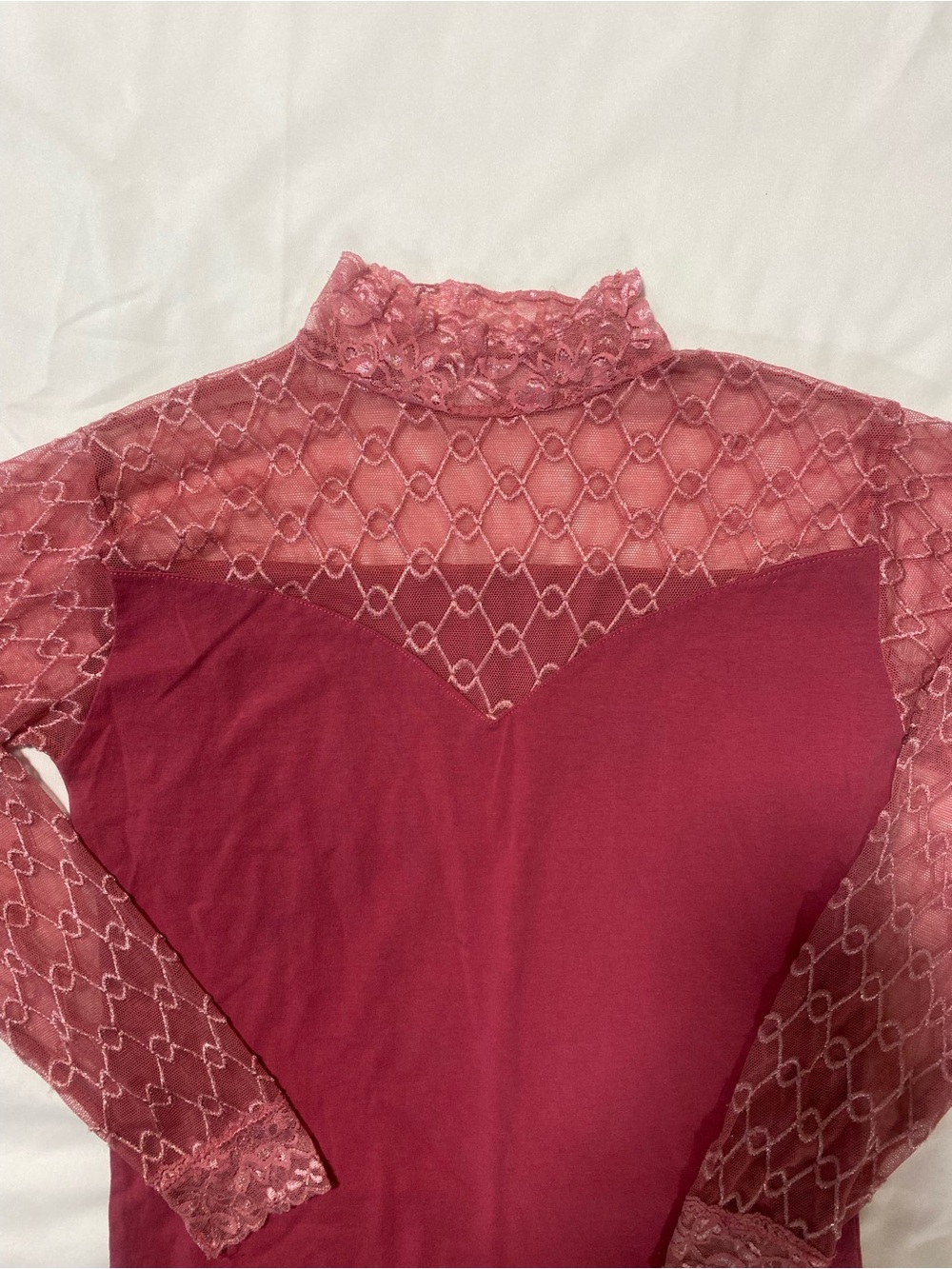 Women's pink Lace Yoke Long Sleeve Tee - Picture 3 of 5